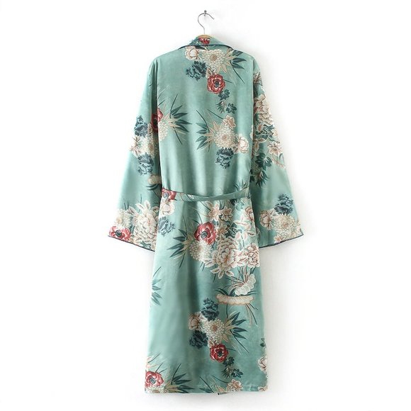 Floral Green Print Long Kimono Jacket Coat Women's - Picture 4 of 16